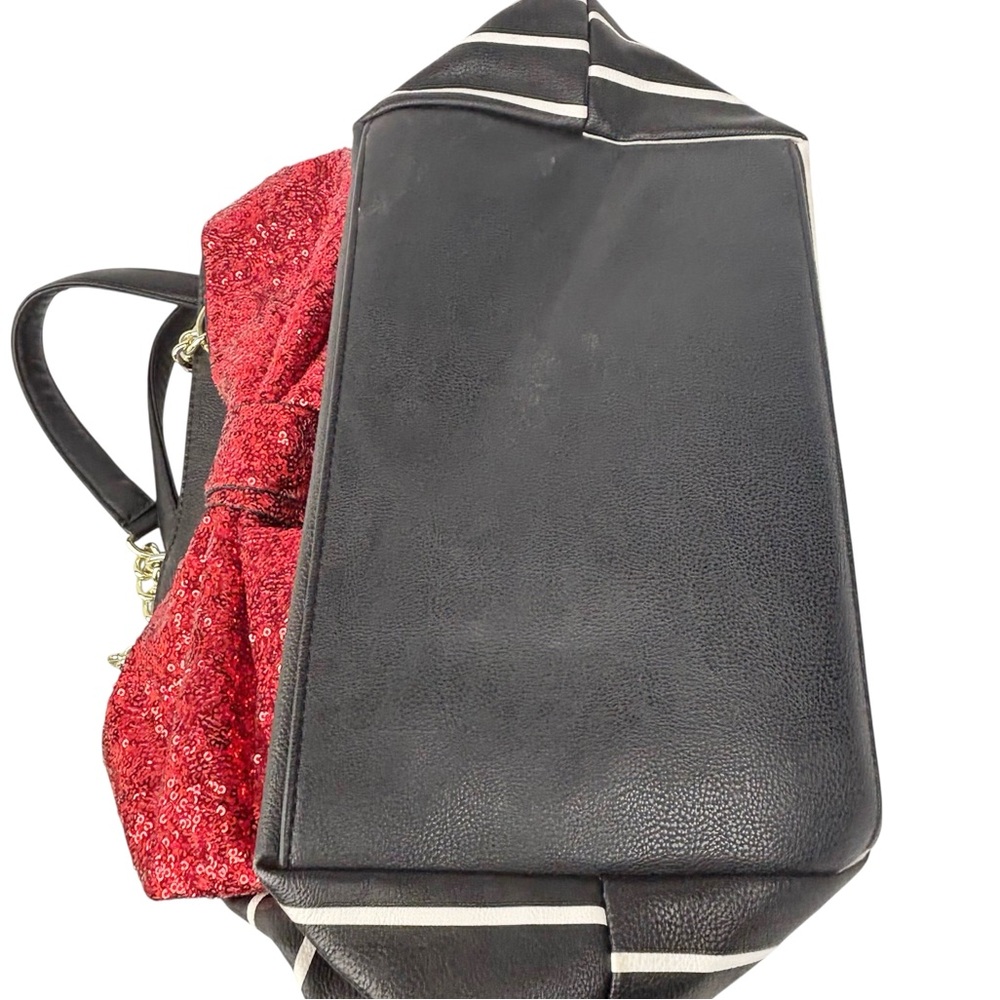 Betsey Johnson Black & White Stripe Red Sequin Glitter Bow Snap Close Tote Purse - Picture 10 of 13